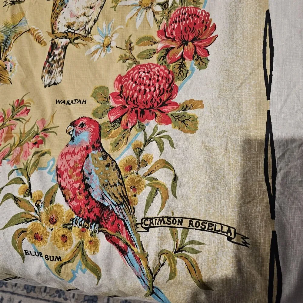 Vintage Australian Bird Tablecloth | Floral Table Linens | Card Table Cover